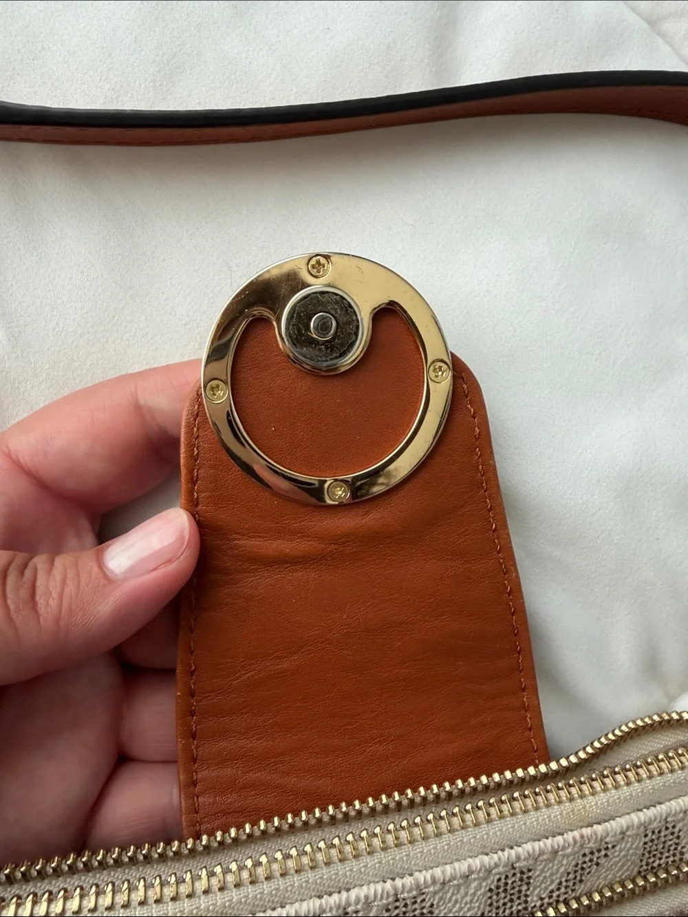 Michael Kors Beige Logo Canvas Crossbody with Tan Leather Trim